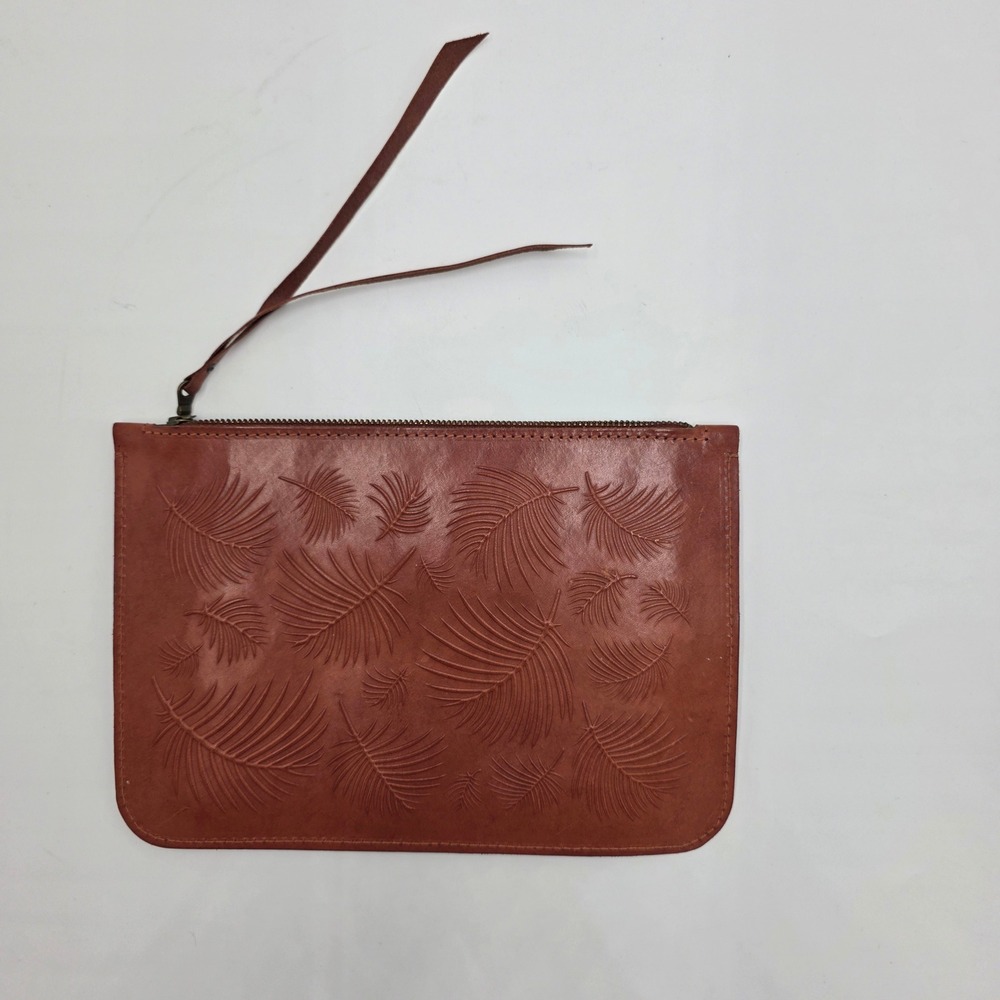 Handmade Embossed Palm Leaf Leather Clutch Bag Cognac Brown Zip Top Pouch